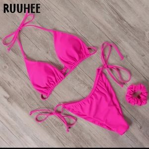Moshengqi Bright Pink Adjustable Tie Bikini Triangle Top Ruched Bottom Size S